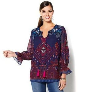 Colleen Lopez Border Print Embroidered Lined Tribal Ethnic Plus Size Tunic 1X
